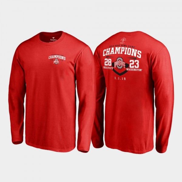 Ohio State Buckeyes Men's Long Sleeve Fair Catch Score Rose Bowl 2019 Champions Scarlet College Football T-Shirt 2404FBQG0